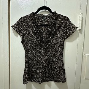 Pleated chiffon ruffle cheetah button up blouse
